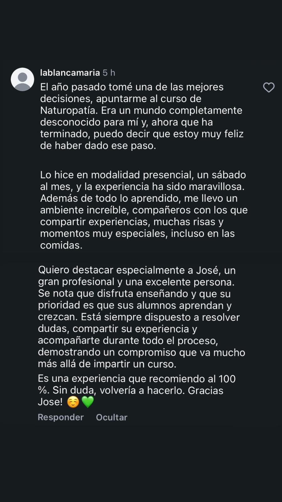 Valoración de alumnas sobre el curso de Naturopatía online (mjglezf)