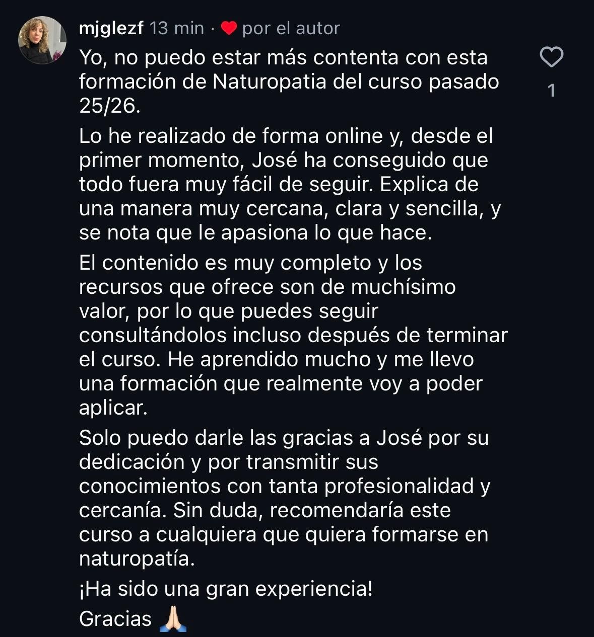 Valoración de alumnas sobre el curso de Naturopatía presencial (lablancamaria)