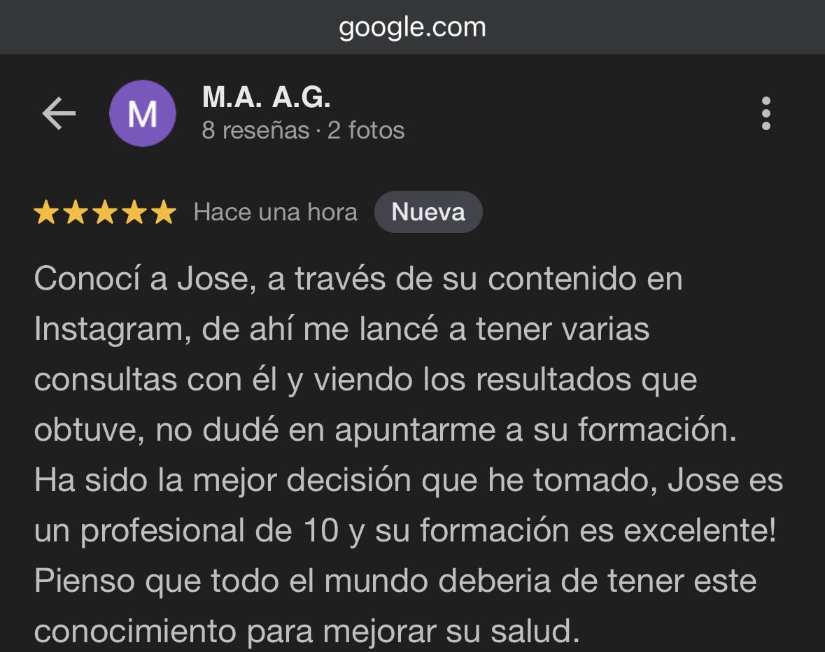 Valoración de alumna en Google sobre la formación de Naturopatía Nutrinocion